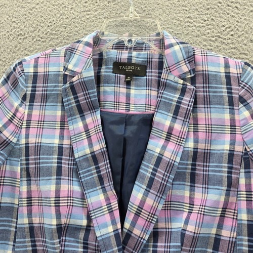 Talbots Womens Linen Blend Jacket Blazer 6 Petite Blue Pink Plaid Preppy - Picture 3 of 12