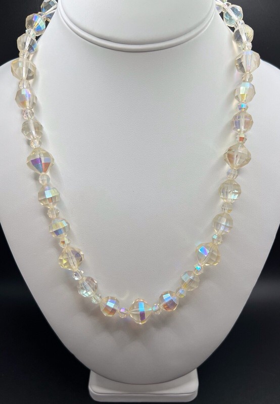 Vintage Aurora Borealis Coated Clear Crystal Bead Strand Fancy Box Clasp 21.5”