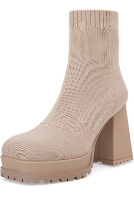 Womens Platform Sock Ankle Boots Square Toe Chunky Block Heel