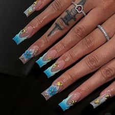 24 Pcs Blue French Tip Press on Nails Long Square Flower Press on Nails-4