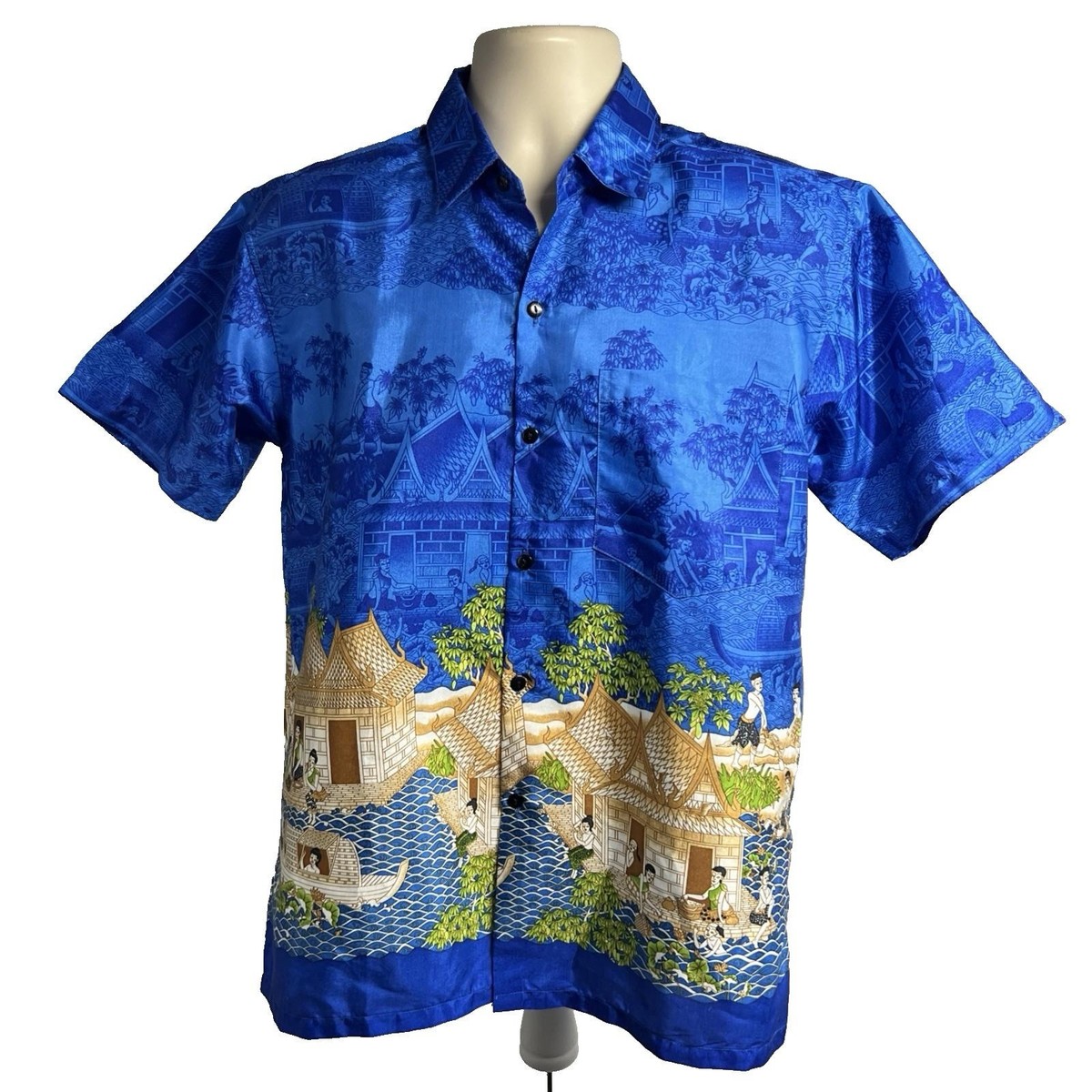 Thai Silk Collection Siew Chang Huat Blue Village Print Vintage Shirt Mens M