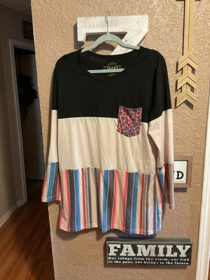 Crazy Train Long Sleeve Knit Colorblock Top Black Cream and Serape Women s Large