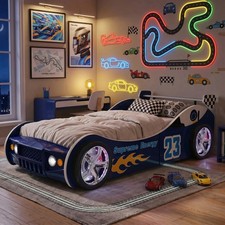 Twin Racing Car Bed with LED Wheel Lights, Blue, Particle Board