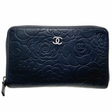 Authentic Chanel Camellia Long Wallet, Round Zipper Wallet, Lambskin Leather,