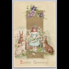 Postcard Easter Greetings with Girl and Rabbits, Johnsonville NY