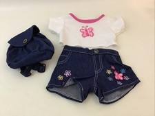 Build A Bear Blue Denim Outfit Denim Shorts Butterfly Pink White Shirt Backpack
