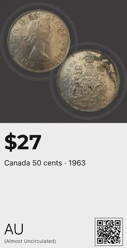 Canada 50 Cents 1963 Silver Coin AU Grade Uncirculated 0.8 Fineness Uncertified