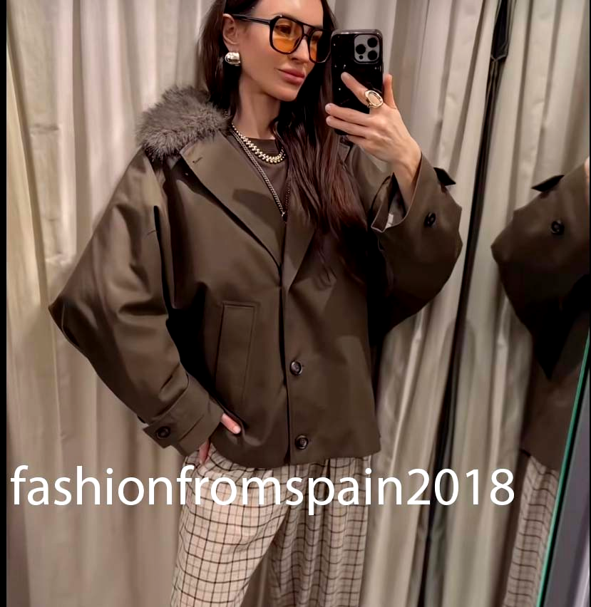 ZARA NEW WOMAN SHORT TRENCH COAT WITH FAUX FUR COLLAR ZW DARK
