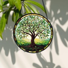 Handmade Tree of Life Stained Glass Window Hanging Nature Home Decor Art