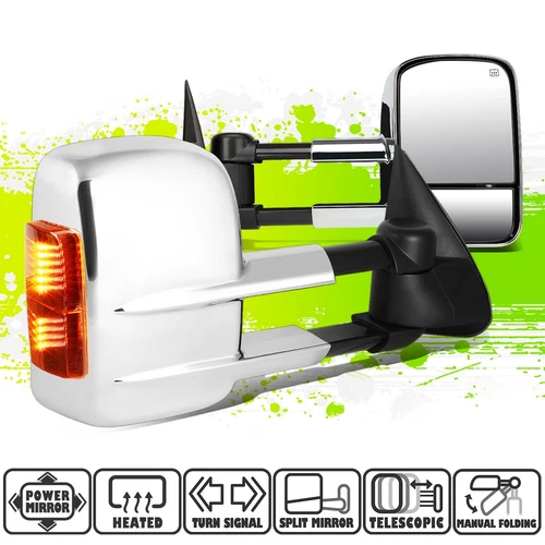 Chrome Powered Heated Amber LED Signal Towing Mirrors for Silverado Sierra 99-02
