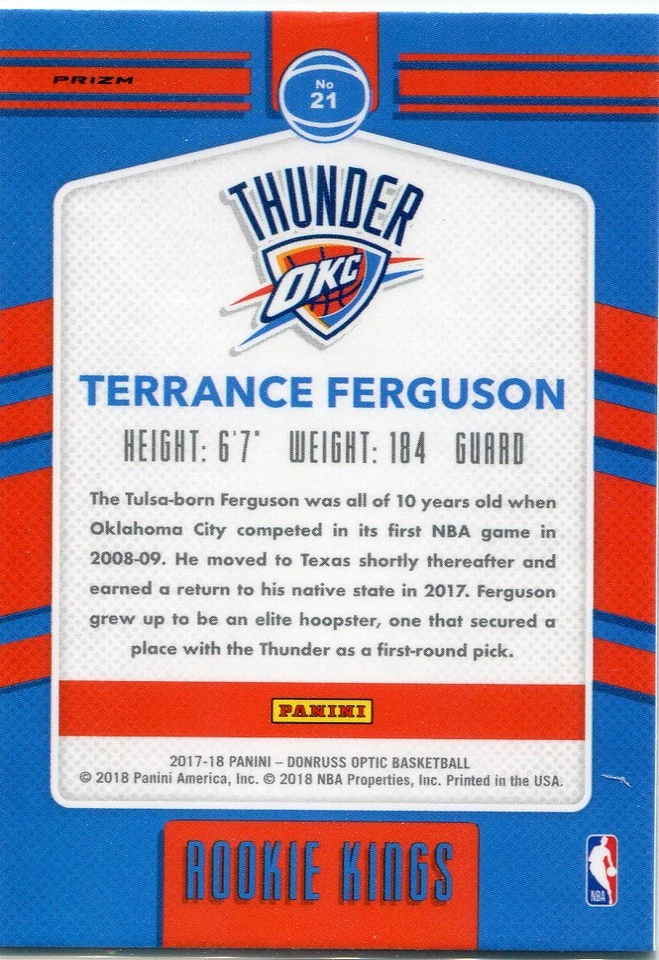2017-18 OPTIC PRIZMS PURPLE RC TERRANCE FERGUSON THUNDER ROOKIE KINGS CL723 - Image 2 of 2