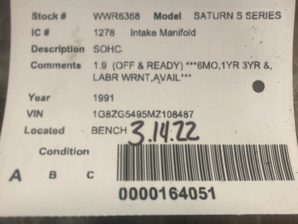 Used Engine Intake Manifold fits: 1991  Saturn s series SOHC Grade A Foto 4 de 4