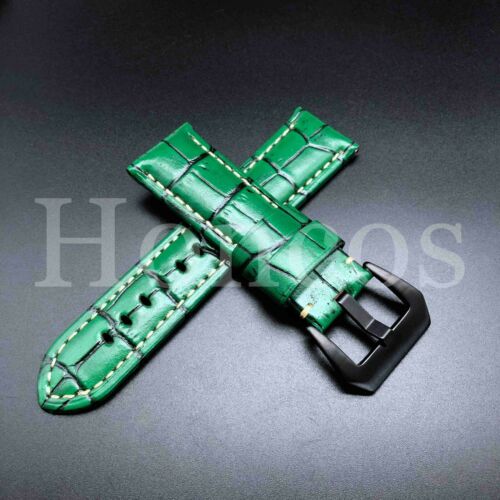 24 MM Green Leather Alligator Watch Band Strap Buckle Fits for Panerai Crocodile - Afbeelding 1 van 4