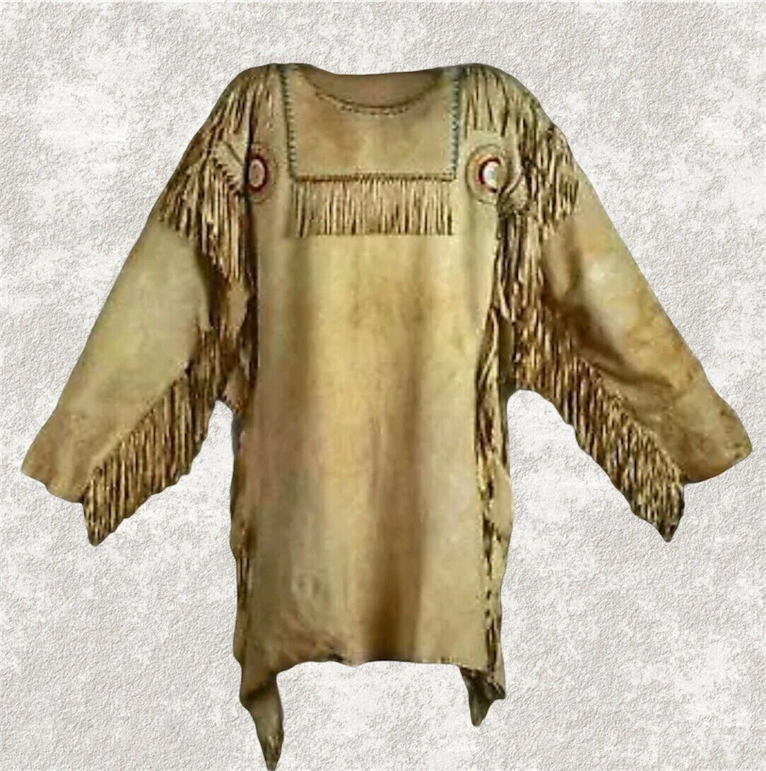 Old Style Men Western American Tan Buckskin Hide Mountain Fringe War Shirt MM236
