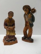 EARLY CARVED TIMBER CONTINENTAL STATUES FARMERS MAN & LADY WOODEN FIGURINE