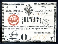 ANTILLAS 1833 Lotería 8 avo del billete Nº 11717 Sorteo 222 del 1/08/1833