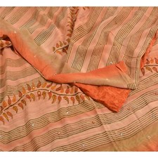 Sanskriti Vintage Saree Peach Pure Crepe Silk Hand Beaded-Print 5 YD Sari Fabric