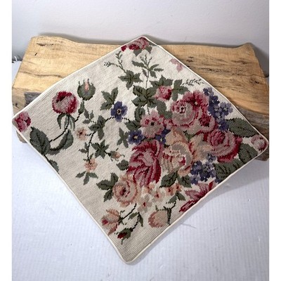 NEW Needlepoint Pillow Cover Floral Pink/Green Multi Roses 15'' Cream Velvet Zip