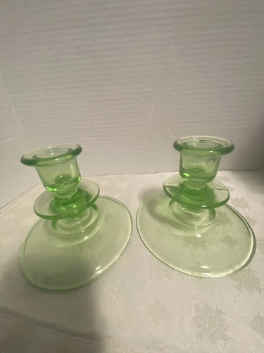 Vintage Green Uranium Glass Pair Of Candlestick Holders
