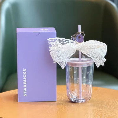 Starbucks 2026 China Purple Night Galaxy 400ml Lace Decor Glass Straw Cold Cup