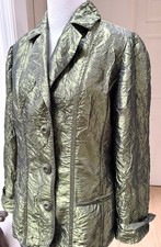 Chicos Sz 1 Metallic Shiny Green Crinkled Textured 3 Button Boho Blazer Career