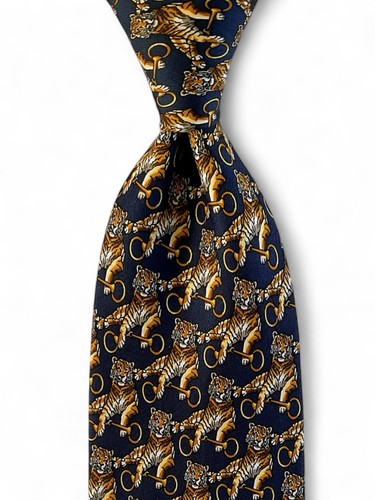 Richel Mens Silk Tie Navy Blue Tiger Gold Rings Animal Necktie Hand Made Spain