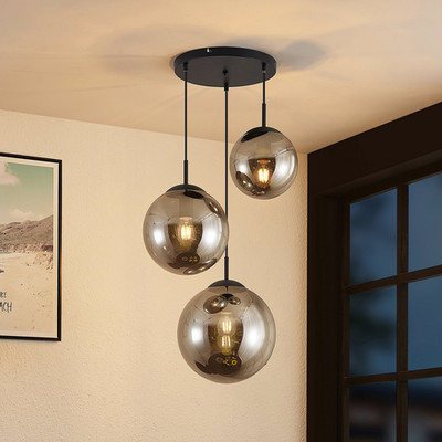 Lindby Teeja Hängeleuchte 3 Glaskugeln Leuchte Lampe Hängeleuchte IP20 rauchg297