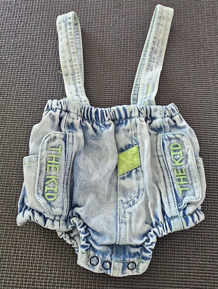 Hopscotch Baby Denim Suspender Romper Acid Wash Blue Green Patch 0–6 Months - Image 2 of 4