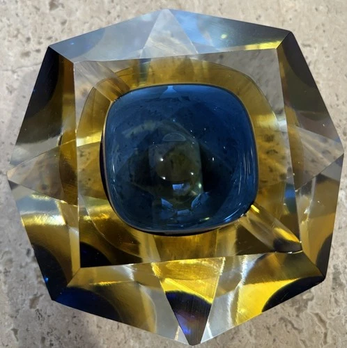 Murano Glass Sommerso blue/Amber DIAMOND Bowl Ashtray, Flavio Poli, Italy, 1970s