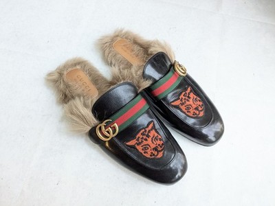 Gucci Princetown Mules Black Leather Tiger Men US 11 Fur Slip Ons