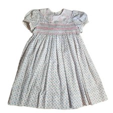 Vtg Smocked Dress Girls Sz 6 Floral Embroidered Collar EASTER Spring 80s
