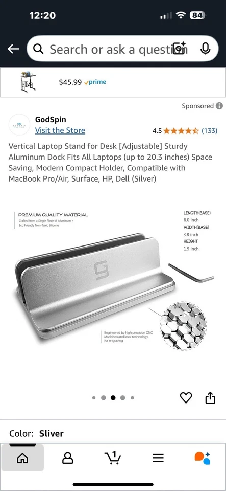 Vertical Laptop Stand [Adjustable] Desktop Aluminum Compact Fit All Sizes Silver - Image 4 of 4