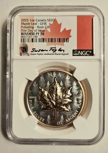 2025 Canada Maple Pulsating Rose Gold Gild 1 oz Silver NGC PF70 Reverse Proof