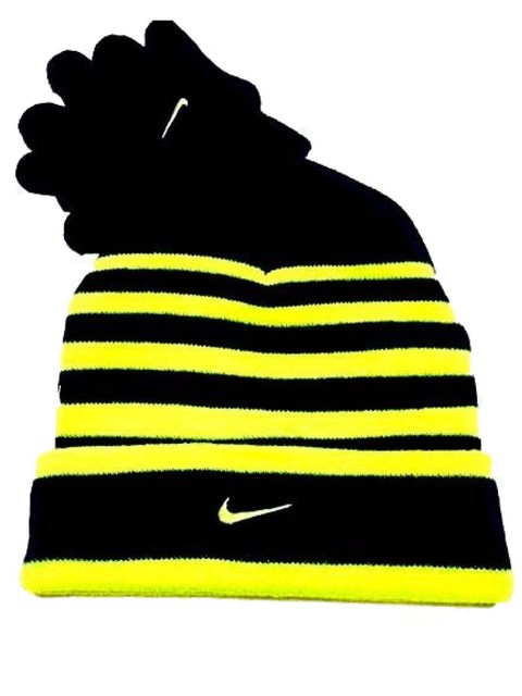 Nike Boys Black & Volt Striped Cuffed Winter Hat & Gloves Beanie Set | eBay