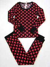 Victoria Secret Thermal BLACK RED HEART LONG JANE PAJAMAS SHIRT PANT SET L or XL