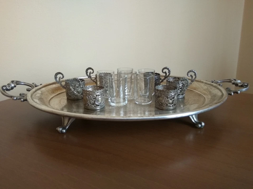 Antiguo juego WMF alemán Art Nouveau 6 piezas. Portavasos y bandeja de vidrio plateado Foto 2 de 4