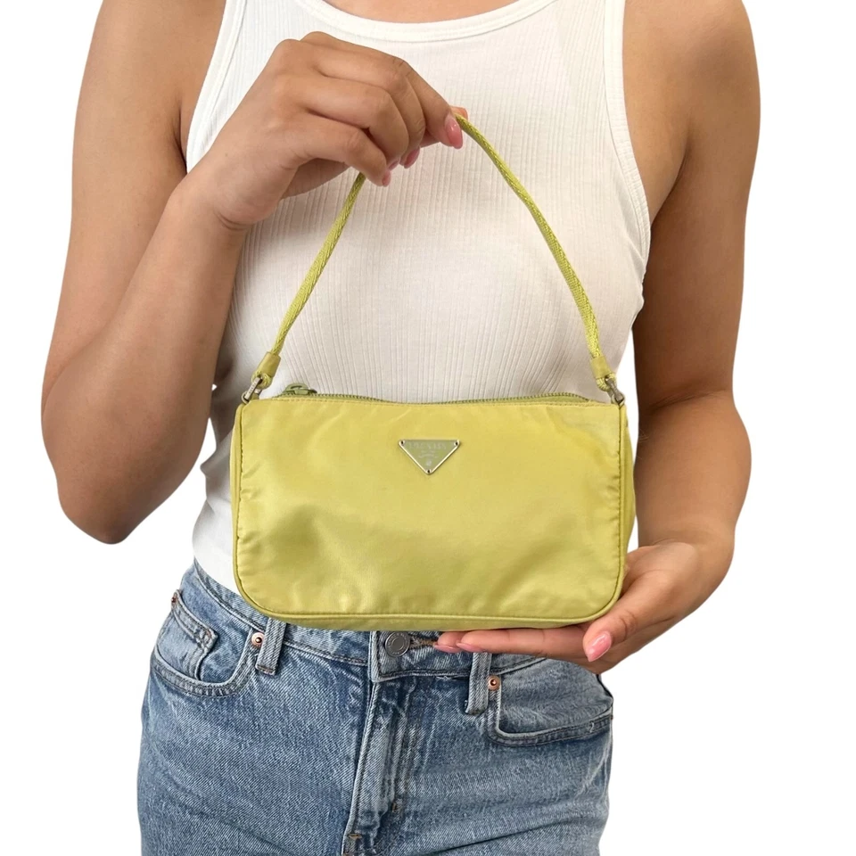 PRADA винтажный логотип Pochette мини наплечная сумка Дамская сумка зеленый серебро нейлона молнии - Изображение 3 из 4