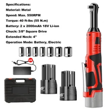 18V Electric Cordless Ratchet 3/8"Right Angle Wrench Impact Power Tool 2 Battery