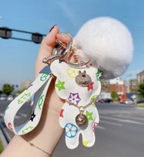 USA Seller- Luxury Car KeyChain White Bear Keychain with  Pom Pom and Strap