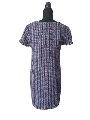 Ann Taylor Blue Red Multi Color Tweed Fringe Shift Dress Size 4 Short Sleeve