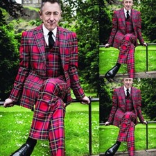 Scotland Red Plaid Men's Suits 3 Pieces Vintage Blazer Classic Party Tuxedos