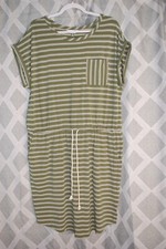 Womens Knit Casual Dress OLIVE GREEN WHITE STRIPES Drawstring Waist 1X 16W-18W