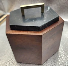Hexagon wood box jar canister with thick marble lid & brass handle by Project 62