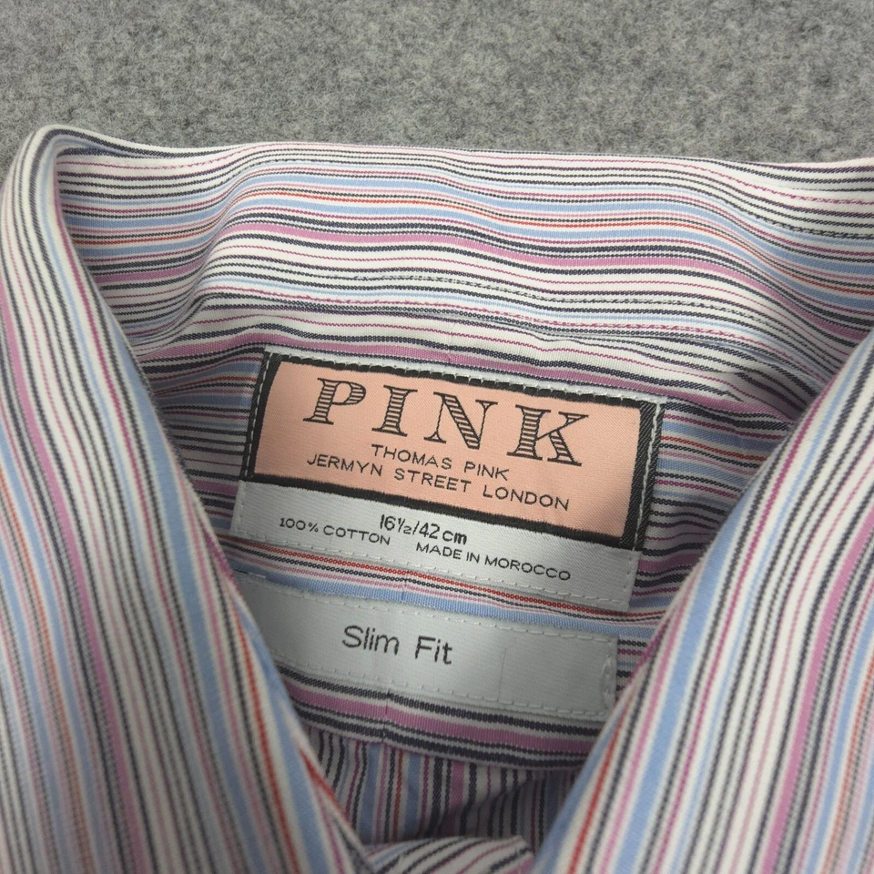 Thomas Pink Shirt Mens LARGE blue long sleeve striped button up collared Size L - Image 3 of 4
