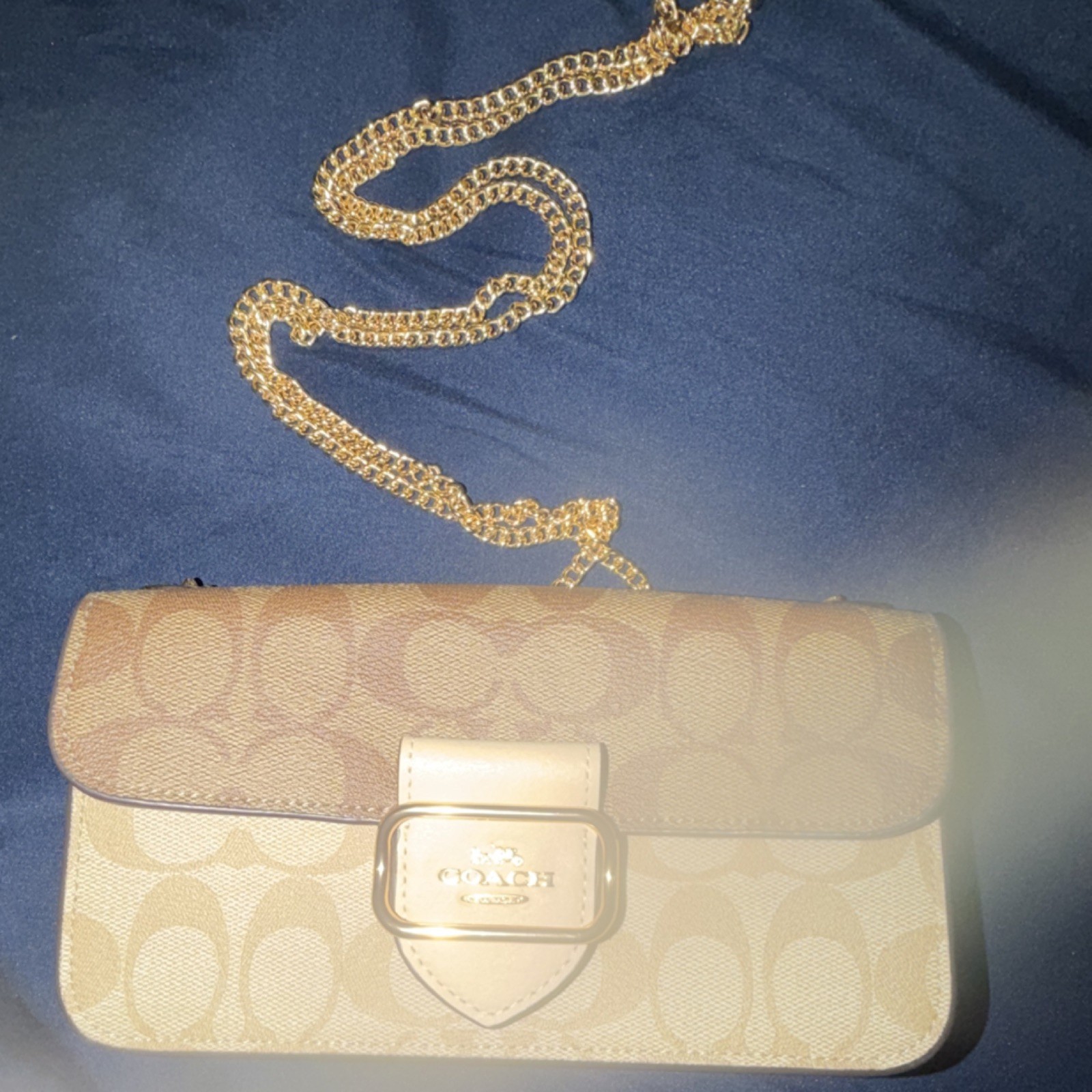 Coach Signature Logo Chain Strap Shoulder Bag Beige Brown Gold Accent Small
