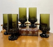 70s MCM Tiffin Franciscan Madeira Olive Green Footed Iced Tea Glasses Set of 5