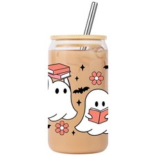 Halloween Ghost Cup - Cute 16oz Iced Coffee Cup with Lid  Straw, Spooky Gift...
