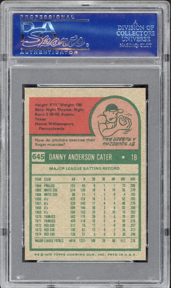 1975 Topps Mini Danny Cater #645 PSA 8 NM-MT Boston Red Sox  - Image 2 of 2