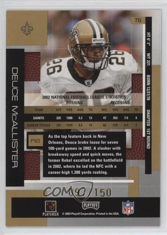 2003 Playoff Absolute Memorabilia Spectrum /150 Deuce McAllister #78 - Image 2 of 2