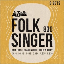 (3-Pack) La Bella 830 Folk/Classical Guitar Strings Black Nylon, Golden Alloy